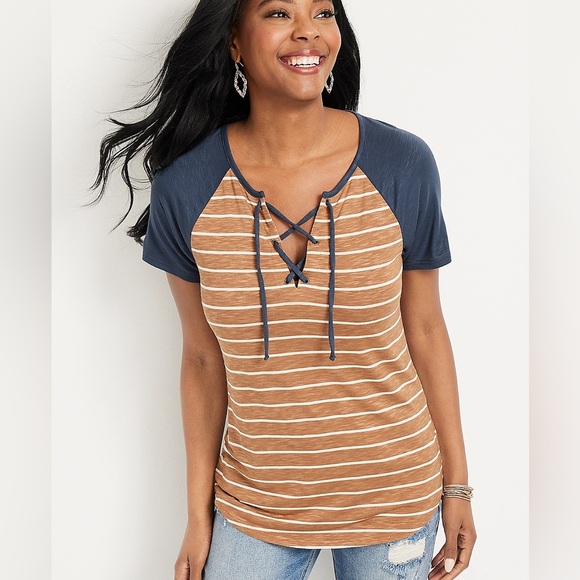 Varsity Striped Lace Up V Neck Tee - Picture 9 of 9